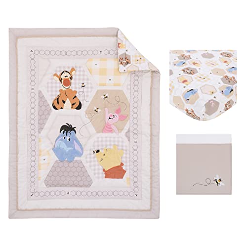 Disney Winnie The Pooh Hugs And Honeycombs Grey, White, And Tan Patchwork With Piglet, Tigger And Eeyore 3 Piece Crib Bedding Set - Comforter, 100% Cotton Fitted Crib Sheet, And Crib Skirt #TOP4