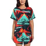 Haut et short : ensemble de nuit 2 pièces pour femme, col rond, manches longues et manches courtes. Vêtement de nuit léger et doux pour la peau. Ensemble pyjama pour femme avec taille élastique et ourlet à volants. S'adapte à toutes les tailles de corps et rend la détente aussi confortable que possible.