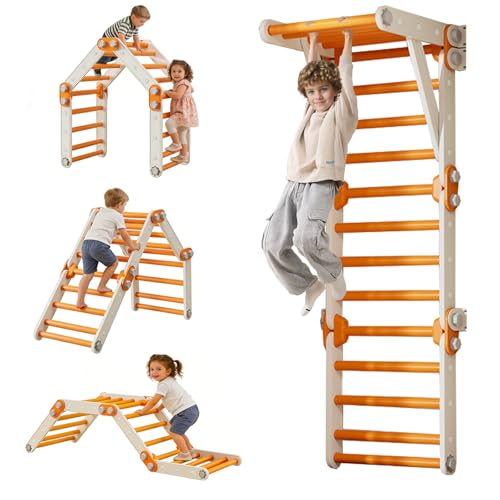 HTWELL Toddler Climbing Toys,Kids Pikler Triangle Set,Montessori Indoor Play Gym,Multifunction Foldable Indoor Climbing Gym for Kids(Orange)