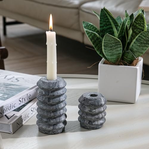 WORHE Candle Holders Italy True Natural Travertine Stone 0.4" Thick Set of 2 Marble Candlestick Holder for Christmas Wedding Dinning Party Candle Stand for 3/4 inch Candles Color Black (ZT001)