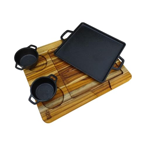 Kit Chapa De Ferro Fundido Com Suporte De Madeira E Molheiras Tábua Churrasco E Cumbuca Carne Petisc