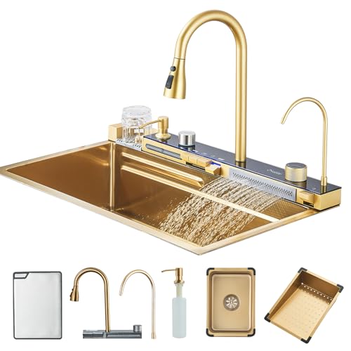 Évier de Cuisine Hevenaov Évier en Acier Inoxydable évier de cuisine or brossé avec robinet extractible et autres accessoires Pour laver les légumes et la vaisselle (75x45cm)