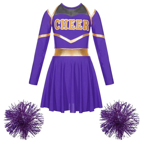 Alvivi Mädchen Cheerleading Kostüm Cheer Leader Langarm Kleid mit Pompoms Schulmädchen Uniform Halloween Karneval Fasching Partykleid Lila 134-140