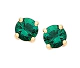 9ct Yellow Gold Created Emerald Round Solitaire Stud Earrings - May Birthstone