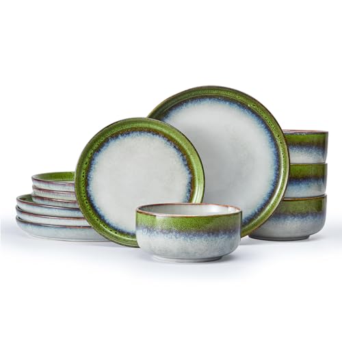 Image of KINGSTONE Stoneware Dinnerware Sets for 4, Reactive Glaze, Kiln-Fired Green
