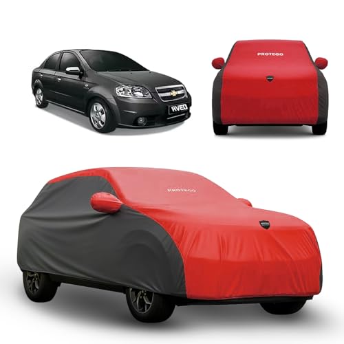 Image of PROTEGO Prime Series India's 1st Anti-Tear Car Cover for Chevrolet Aveo | Heavy-Duty, Custom Fit, All Weather Protection | 100% Waterproof, Windproof & Hail Resistant | 2-Year Warranty | Red + Black