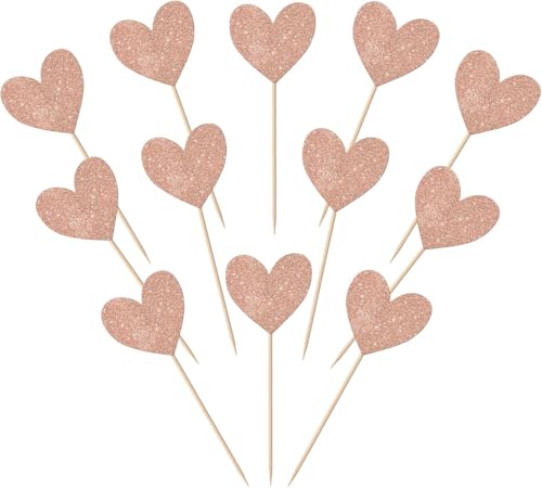 SYKYCTCY 40 Pack Heart Cupcake Toppers Glitter Love Heart Valentine Cupcake Picks for Valentine's Day Theme Wedding Engagement Bridal Shower Birthday Party Cake Decorations Supplies (Rosegold)