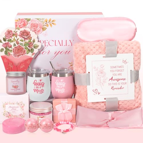 Unique Christmas Gifts Baskets for Women,Get Well Self Care Gifts for Women,12pc Rose Relaxing Spa Gifts with Luxury Flannel Blanket Feel Better Birthday Gifts for Mom Her Sister Wife Girlfriend