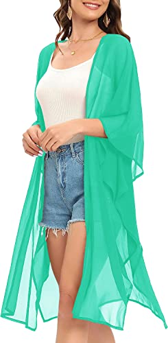 Image of Indian Trendy Women's Solid Puff Sleeve Kimono Long Cardigan Loose Cover Up Casual Blouse Top Chiffon