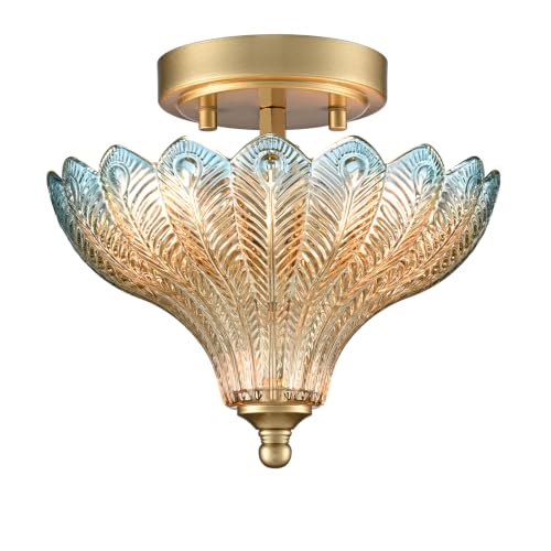 CLAXY Luxury Gold Semi Flush Mount Ceiling Light Blue & Amber Shade