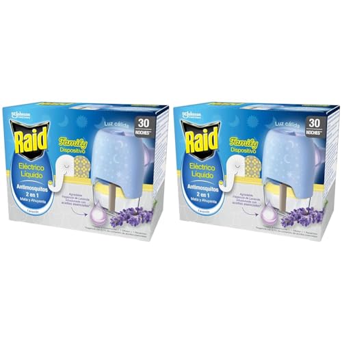 Raid® Eléctrico líquido Family Lavanda 30 noches - Enchufe anti mosquitos común y tigre 2 en 1, mata y ahuyenta. Aparato + Recambio, fragancia Lavanda (Paquete de 2)