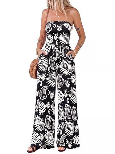 BTFBM Jumpsuits For Women Casual 2026 Floral Strapless Jumpsuit Wide Leg Rompers Beach Vacation Clothes Summer Outfits(Floral Black White, XX-Large)