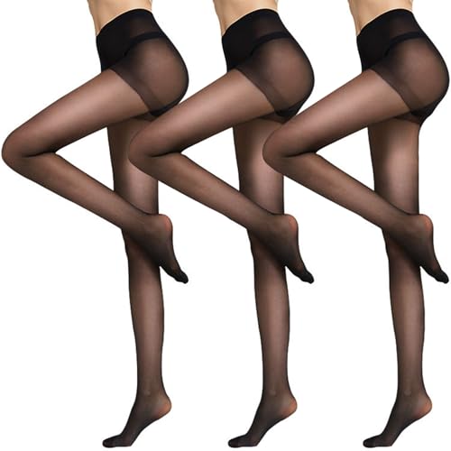 Image of DRESHOW 3 Pairs Plus Size Women's Sheer High Waist Tights 20D Pantyhose Black with Control Top and Reinforced Toes