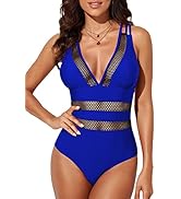 EVALESS Womens Sexy Mesh V Neck One Piece Swimsuits Tummy Control High Waisted Bathing Suits Cros...