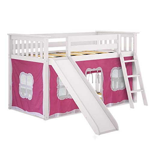Max & Lily Low Bunk Bed with Slide, Twin-Over-Twin Bed Frame For Kids With Curtains For Bottom, White/Pink - Image 4