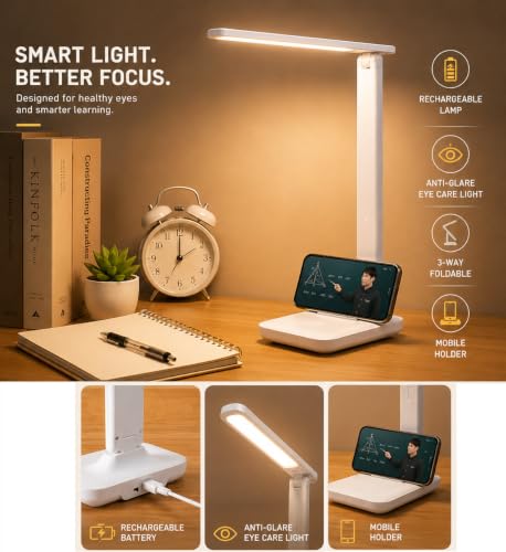 Image of SaleOn Rechargeable LED Desk Lamp with Type-C 6 Month Warranty, 3 Lighting Modes Touch Control Eye Protection Mobile Holder | Foldable Study Reading Lamp (2400mAh Foldable Pro 33 * 17 * 12cm)