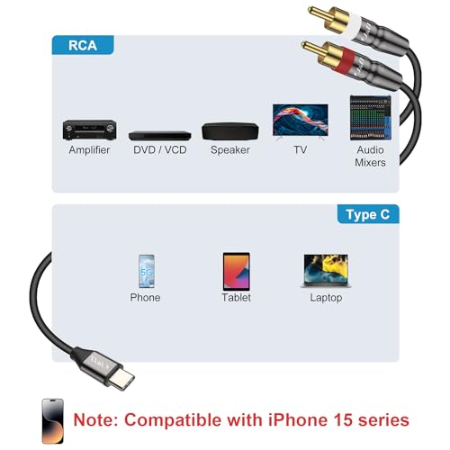 J&D USB C to 2 RCA Cable, USB Type-C to 2RCA Male Audio Stereo Y Splitter Cable Cord Compatible for iPhone 16/17 Series - Image 2