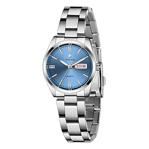Women's Watches Luminous Waterproof Calendar Ladies Stainless Steel Dress Quartz Wrist Watch, Silver Blue, 29mm Cover