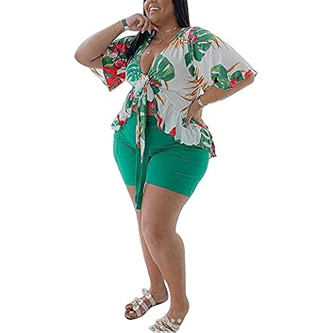 Plus Size 2 Piece Outfits for Women Summer Ruffle Crop Top Shorts Set Floral Print Beach Cover Up Cover