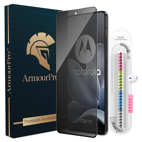 Image of ArmourPro Privacy Tempered Glass for Motorola Edge 70, Anti Spy Anti Peeping Screen Protector, Edge-to-Edge Full Coverage, 9H Hardness with Cable Protector | Black