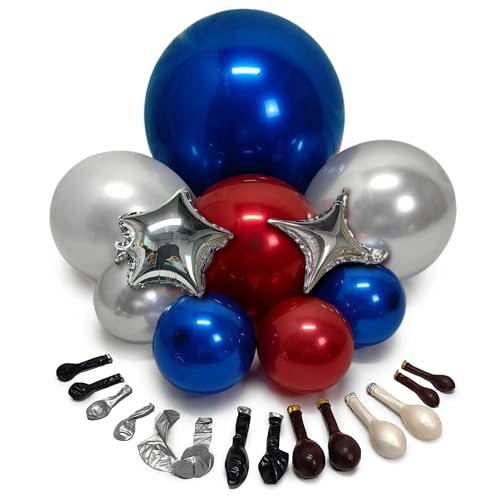 Image of Red White Blue Balloon Arch Double Stuffed Burgundy Navy Blue Balloon Kit | Silver Pearl Balloon with 4,5 Corner Star Foil Balloon Garland for Graduation Patriot Birthday Baby Shower Anniversary Decor