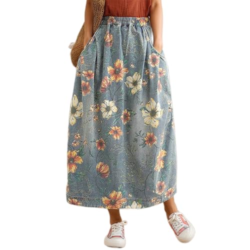 Women's Floral Denim Maxi Skirt Casual Loose Elastic High Waist A Line Long Jean Skirt with Pockets