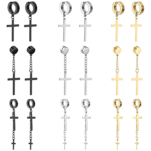 NEWITIN 9 Pairs Magnetic Earrings for Men Clip on Earring Stainless Steel Magnet Earring Unisex Hoop Dangle Cross CZ Studs Non Piercing Magnetic Stud Earrings for Men Women