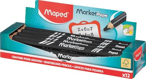 Maped - 12 Crayons de Couleur Noirs pour Ardoise Marker'peps Wood - Crayons Format Jumbo, Corps...
