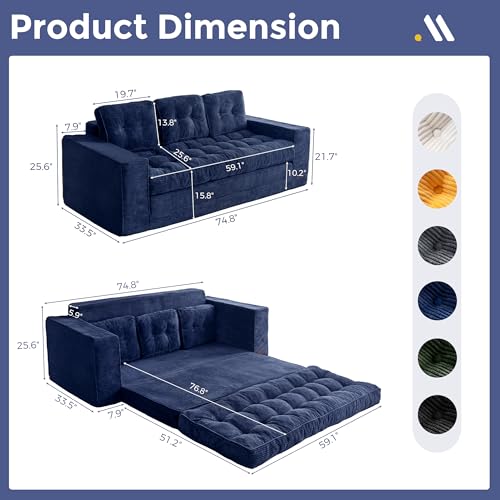 Image of MAXYOYO Convertible Sofa Bed, Pull Out Oversized Loveseat Sofa Couch, 2 in 1 Folding Couch Bed, Fold Out Floor Couch with Pillows for Living Room Bedroom Lounge, Navy