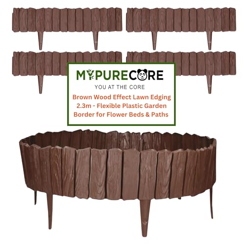 MYPURECORE Brown Wood Effect Lawn Edging 2.3m - Flexible Plastic Garden Border for Flower Beds & Paths | Weather-Resistant & Recyclable Palisade | Easy Install Edging for Grass, Gravel & Landscape