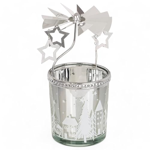Portacandele rotante a forma di giostra natalizia, in metallo, girevole, mini piramide, 12 cm (argento, vetro votivo e stella)