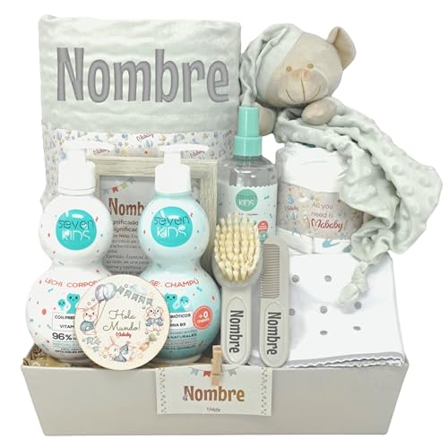 Mababyshop Menta Deluxe - Canastilla Para Regalo Bebé Personalizado con Manta Burbujas, Dou Dou de Apego, Cepillo y Peine Bordados y Set de Cosmética Para Recien Nacido
