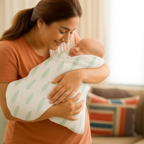 Image of Organic Cotton Muslin Pack of 2 Baby Bath Towel Cotton Cloth Premium Baby Washable, Reusable, Absorbent, Extra Soft 120 X 120 Cm Multi Dot & Multi Feather