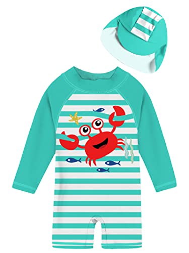 Baby Boys Crab Rash Guard Swimsuit Set – UPF 50+ Long Sleeve One‑Piece Bathing Suit with Sun Hat, Striped Ocean Swimwear for 0‑3 Month Toddlers