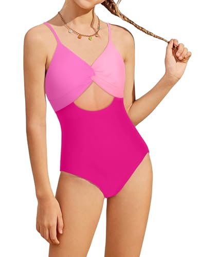 NECIOUS Girls Swimsuit One Piece Bathing Suits Color Block Cutout Swimwear with Cover Up Skirt Size 9-16Y