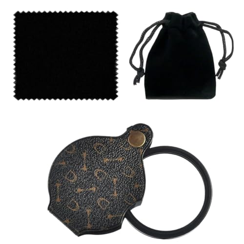 ZORVYN Lupa de Bolsillo 15x, Plegable y Portátil, con Funda Protectora, Paño de Limpieza y Bolsa de Almacenamiento Negra, Ideal para Leer Libros, Periódicos y Mapas (Cuero Negro con Estampado)