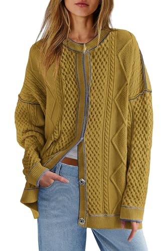 ReachMe Womens Cable Knit Oversized Cardigans Button Up Striped Sweater Jackets Fall Casual Outerwear Coats with Pockets (Mustard Yellow,S)
