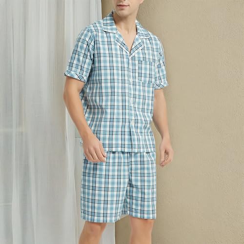 Image of Vulcanodon Mens Cotton Pajama Set Short Sleeve, Button Down Pajama Set for Men Lightweight Men's Sleepwear