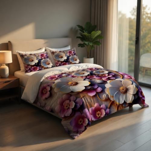 Image of 7D Printed King Size Bedsheet with 2 Pillowcases, Flower, 228x228cm
