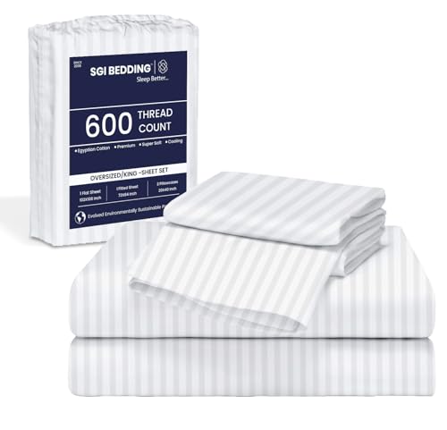 Image of SGI 108 inchx80 inch 4 Pc Florida King Sheet Set 600 TC 18 inch Deep, White Stripe