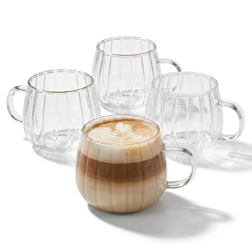 Image of Eden & Willow Borosilicate Glass Tea & Cappuccino Cup with Handle, Ideal for Hot and Cold Beverages - 350ml (Set of 4, Striped)