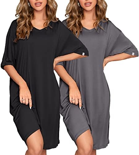 ft FENTENG 2-Pack Women&#39;s Nightgowns Short Sleeve Nightshirt V Neck Soft Sleepwear Casual Sleepshirts Loose Pajama Dress