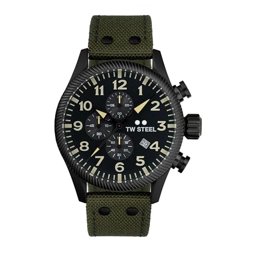 TW Steel Volante Mens 48mm Quartz Chronograph Watch with Green Canvas on Leather Strap