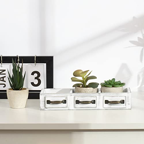 Mygift Assorted Small Artificial Succulent Plants In Round Pots With Vintage White Wood Drawer Design Box Tray With Decorative Handles #TOP3