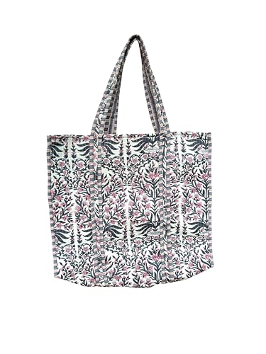 Image of Quilted Cotton Handprinted Reversible Large multicolor Floral Tote Bag,Hand Block Print Shopping Shoulder Carry Bag