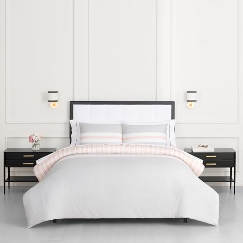 Image of kate spade new york Engineered Stripe 3-Piece King Comforter Set, 300 Thread Count and 100% Cotton Reversible Cover, All Season Warmth Bedding, Machine Washable, Pink and Grey