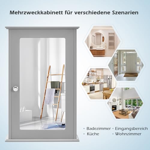COSTWAY Spiegelkast voor badkamer, 2 verdiepingen hangkast met spiegel, wandkast, badkamerspiegel van hout met 3-traps verstelbare plank en deur, 34 x 15 x 53 cm (grijs) - Afbeelding 5