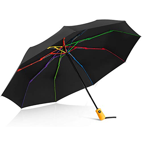 Windproof Travel Umbrella Automatic, BESTKEE Large Rain Folding Compact Umbrella Portable with Auto Open/Close Button (Black)