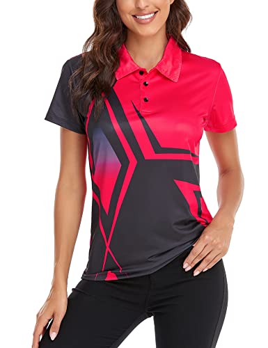 Women's Black Golf Polo Shitrs V Neck Cool Dri Short Sleeve T Shirts Print Hiking Tennis Outdoor Sports Tops #TOP6