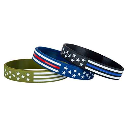 Sainstone American Flag Silicone Bracelets with Thin Blue Line American Flag Black, Red Line American Flag Blue and White Line American Flag Army Green for Patriots, Army, Men, Women4